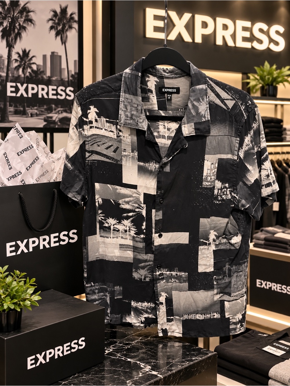 Express Black & Gray Photo-Collage Short Sleeve Button-Up Shirt